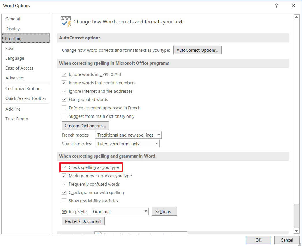 Désactivez la case à cocher qui indique Cocher pour épeler au fur et à mesure de la frappe.  |  Désactiver le correcteur orthographique de Microsoft Word