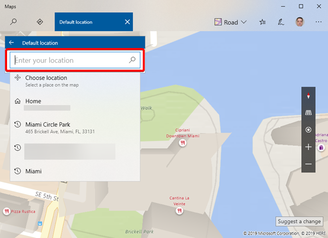 Ingrese la ubicación predeterminada en Mapas para Windows 10