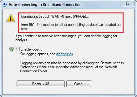 Napraw błąd 651 Modem (lub inne urządzenia łączące) zgłosił błąd
