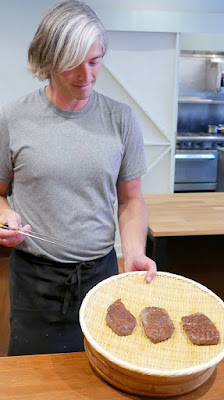 Mark Wooten models the certified A5 Wagyu from Japan after it's been grilled