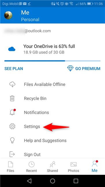 รายการการตั้งค่าจากแอป OneDrive ใน Android