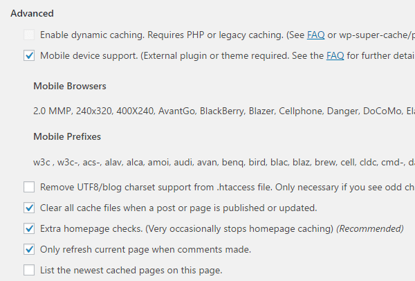 paramètres avancés dans l'utilisation de Wp super Cache