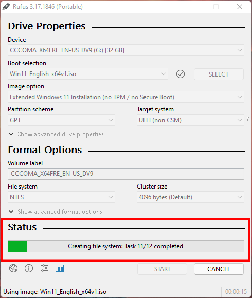 Rufus maakt de Windows 11 USB-drive