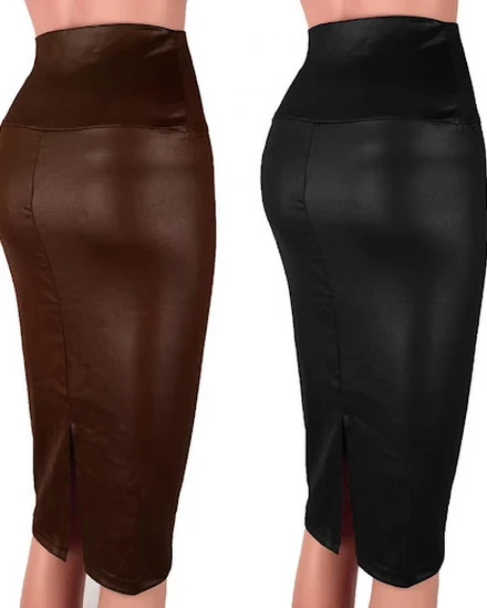 Leather Skirt Back Split Women Sexy Bodycon Pencil Skirt ... - 1