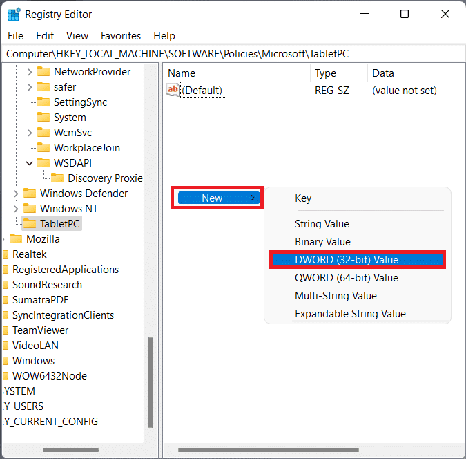 faites un clic droit sur TabletPC et sélectionnez l'option Nouveau puis Clé