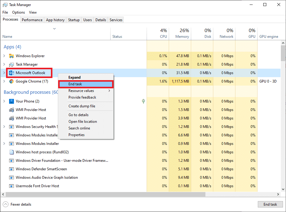 Klik er met de rechtermuisknop op en kies Taak beëindigen in het menu.  Hoe de Outlook-app te repareren, wordt niet geopend op een pc met Windows 10