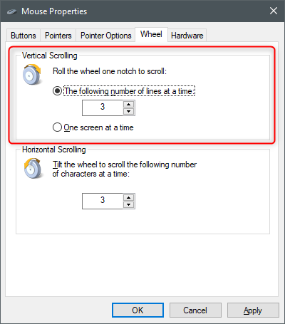 Ajuste de la configuración del mouse de desplazamiento vertical