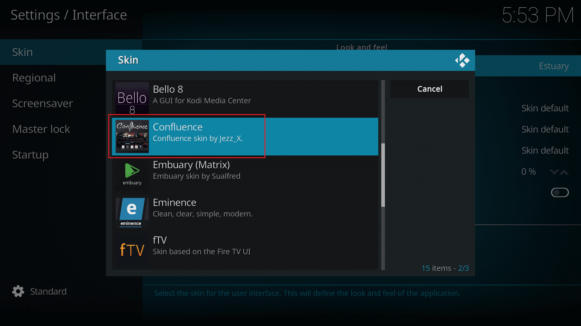 Kodi 앱에서 합류 스킨 선택