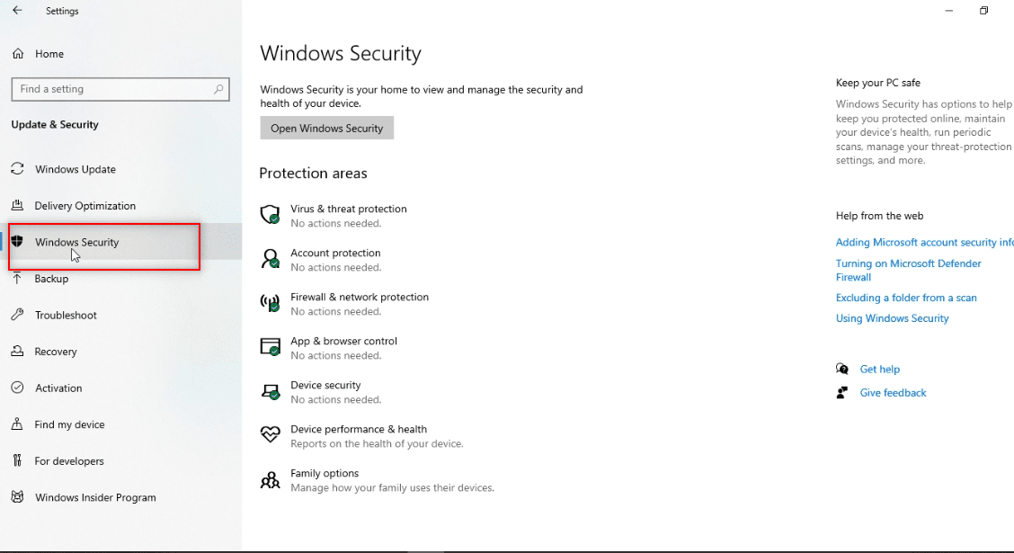 nhấp vào tùy chọn Windows Security