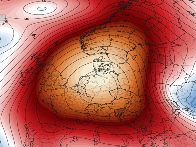 American (GFS) model simulation of intense area of high pressure at high altitudes, known as heat dome, parked over Germany on Thursday, 19 April 2018. Graphic: PivotalWeather.com