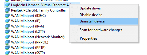 Teraz kliknij Odinstaluj urządzenie .  jak naprawić problem z tunelem Hamachi Windows 10