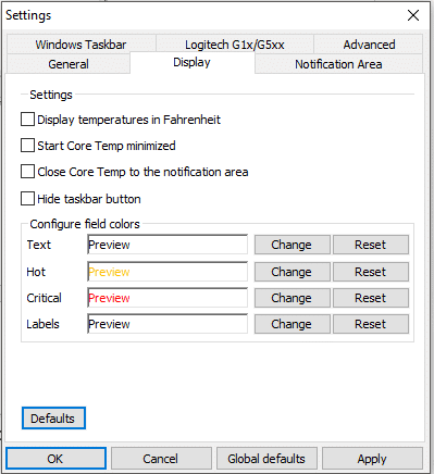 En la pestaña Pantalla, puede personalizar la configuración de pantalla Core Temp