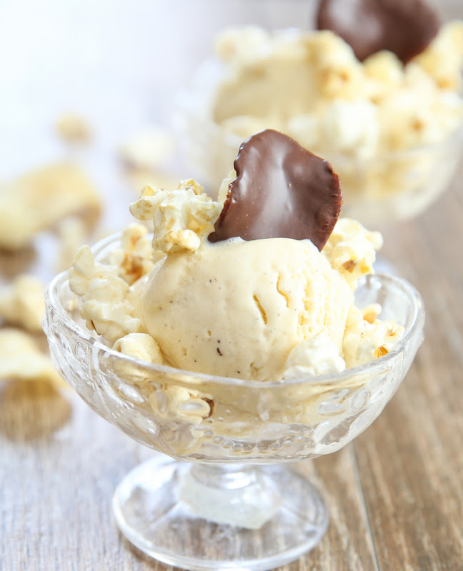 photo of a bowl of Popcorn Ice cream garnished with Chocolate Covered Potato Chip