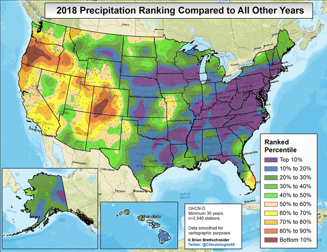 Map showing where U.S. precipitation in 2018 ranked compared to all other years. Nearly half of the areas east of the Mississippi River had a top 10 wettest year. Graphic: Brian Brettschneider