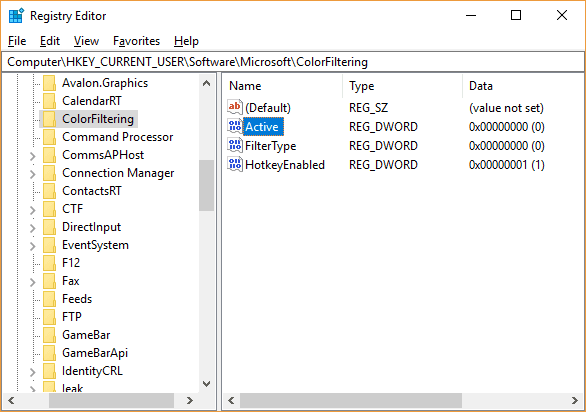 Si el DWORD activo ya está allí, salte al siguiente paso |  Habilitar o deshabilitar filtros de color en Windows 10