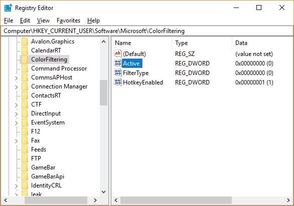Active DWORD가 이미 있는 경우 다음 단계로 건너뛰십시오. |  Windows 10에서 색상 필터 활성화 또는 비활성화
