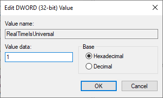 ตั้งค่าของ RealTimeIsUniversal เป็น 1