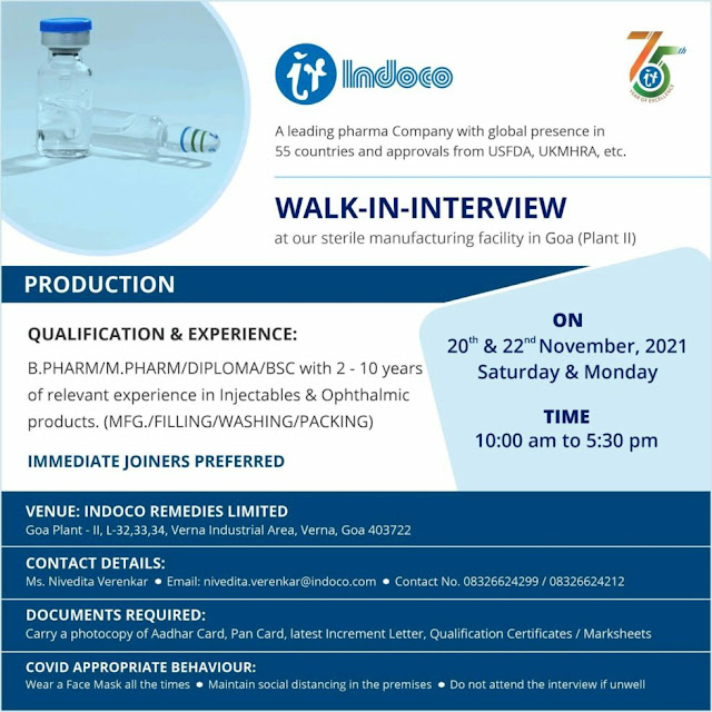 Walk in Interview for Indoco Goa on 20 & 22nd Nov 2021