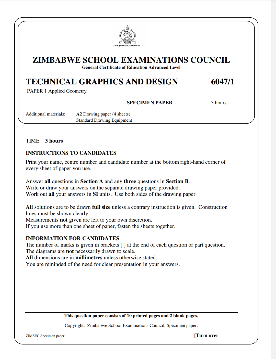 ZIMSEC A LEVEL TECHNICAL GRAPHICS AND DESIGN PAST EXAM PAPERS