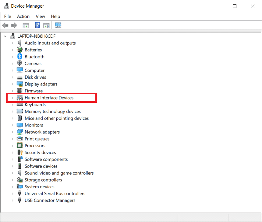 En la ventana Administrador de dispositivos, localice y expanda Dispositivos de interfaz humana de la lista.