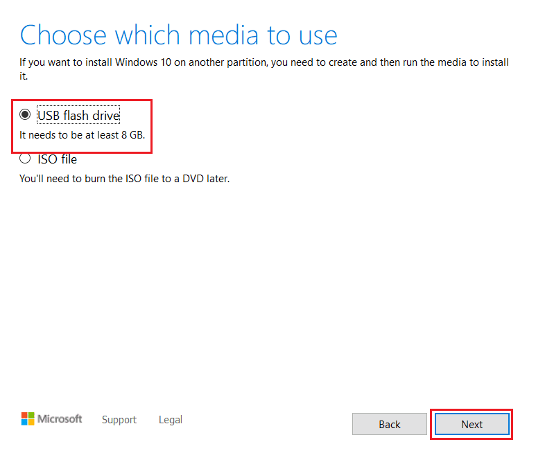 выберите вариант USB-накопителя и нажмите «Далее» в установке Windows 10 mediacreationtool setup