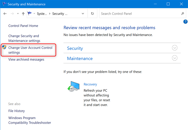 Haga clic o toque Cambiar la configuración de Control de cuentas de usuario