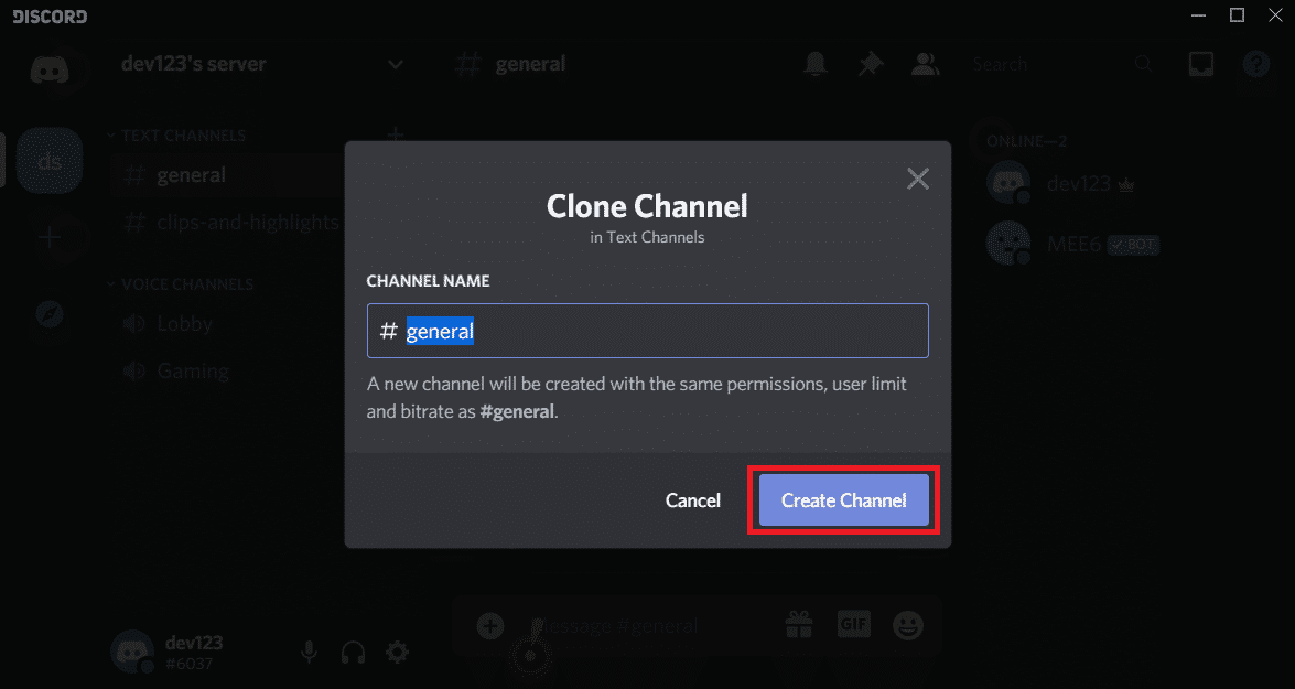 cambie el nombre del canal clonado y haga clic en Crear canal |  Eliminar todos los mensajes en Discord