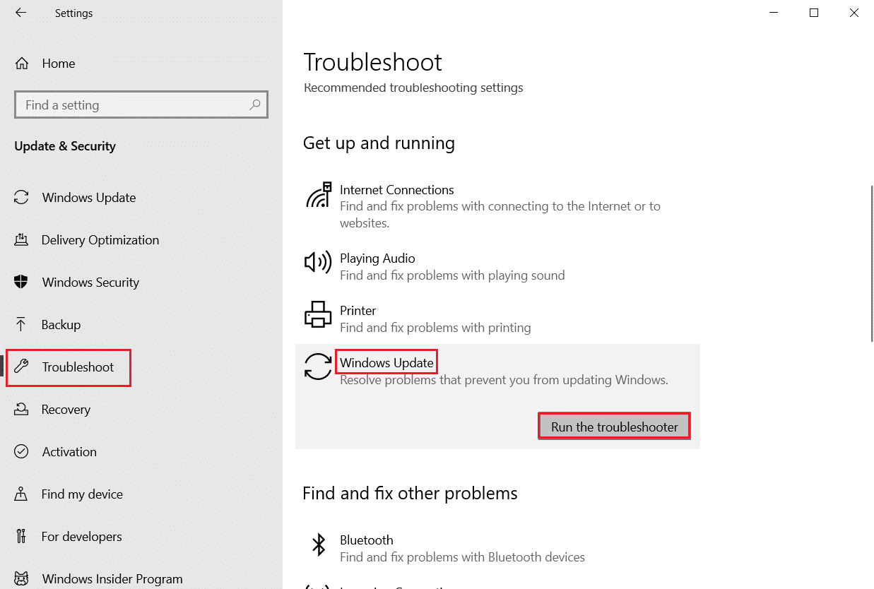 คลิกที่ Troubleshoot จาก Update and Security settings แล้วเลือก Windows Update Troubleshooter และคลิกที่ Run the Troubleshooter