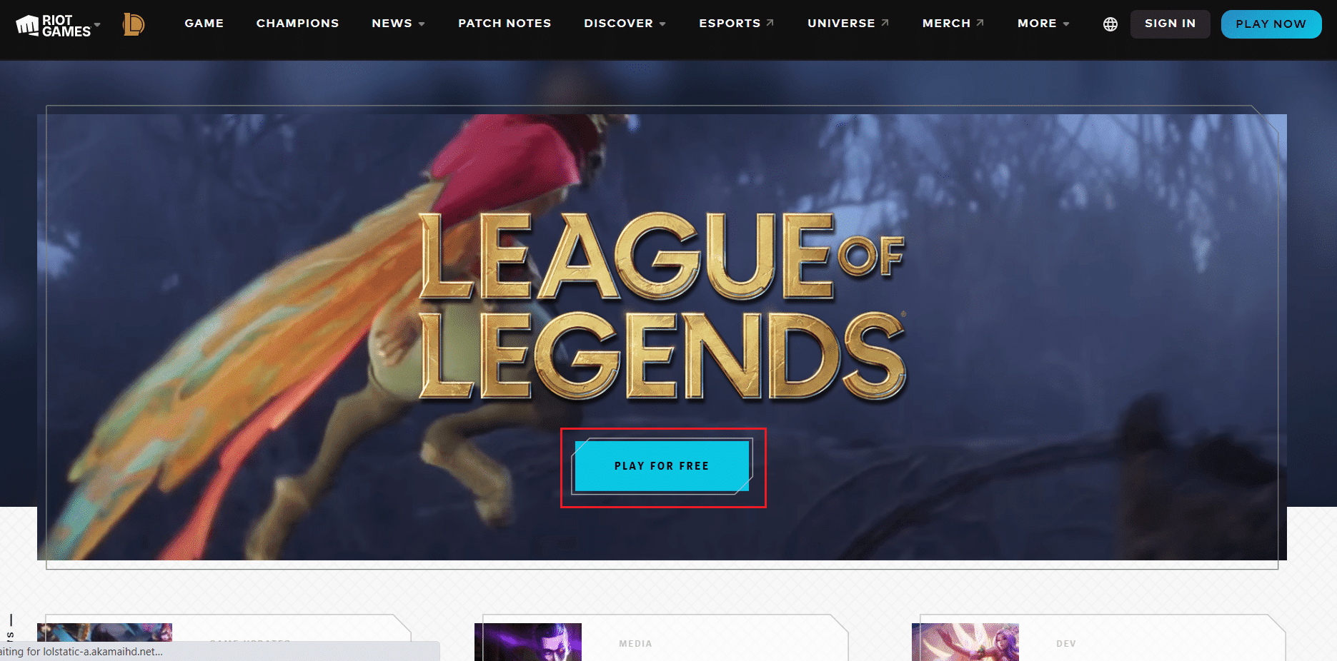 คลิกที่เล่นฟรีตัวเลือกในหน้าดาวน์โหลด League of Legends  แก้ไขข้อผิดพลาด League of Legends Directx ใน Windows 10