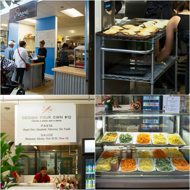 photo collage of different boths and food options inside Liberty Public Market