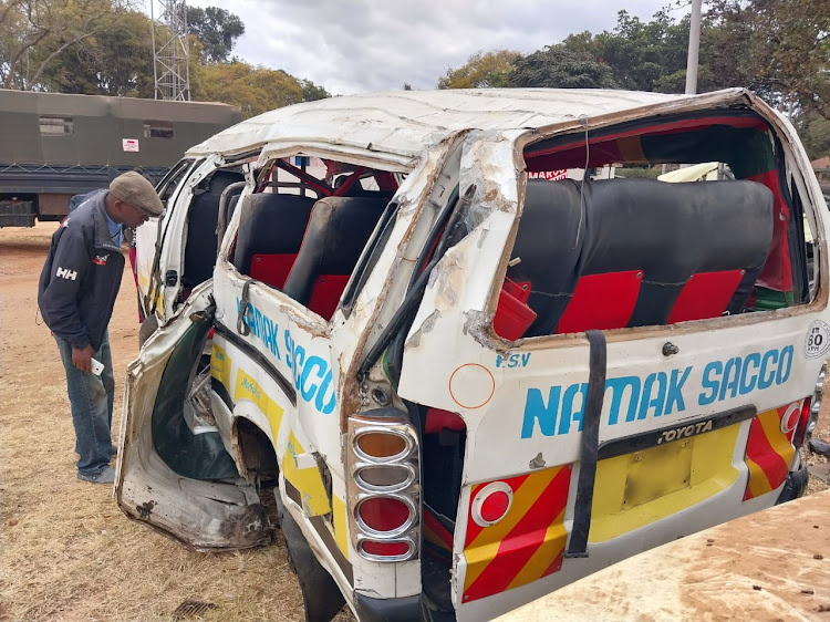 A 14 - passenger- matatu which overturned along Nairobi- Machakos Road killing four in Machakos County on Wednesday, July 6.