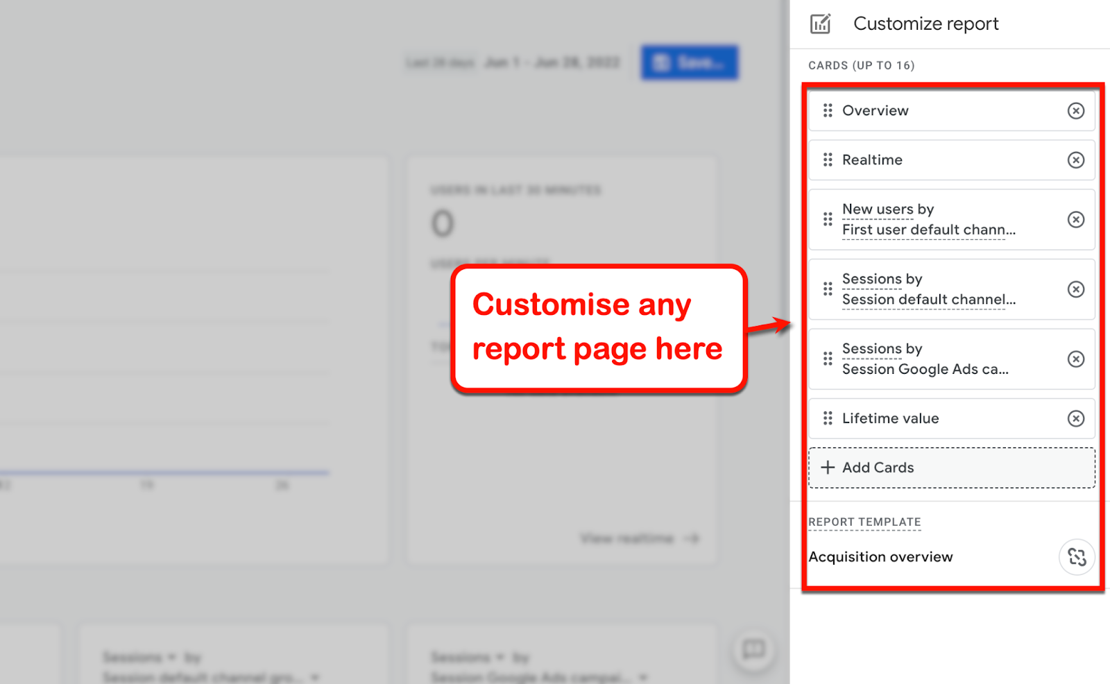 Cards for creating a customized reports