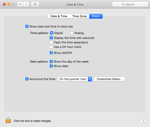 Clock options under Date  Time