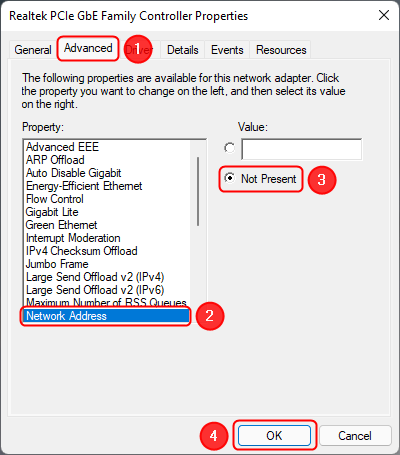 Restaurar la dirección MAC usando el Administrador de dispositivos en Windows