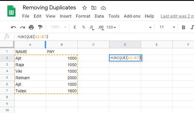 Google Sheets mettrait en évidence la plage de cellules que vous spécifiez