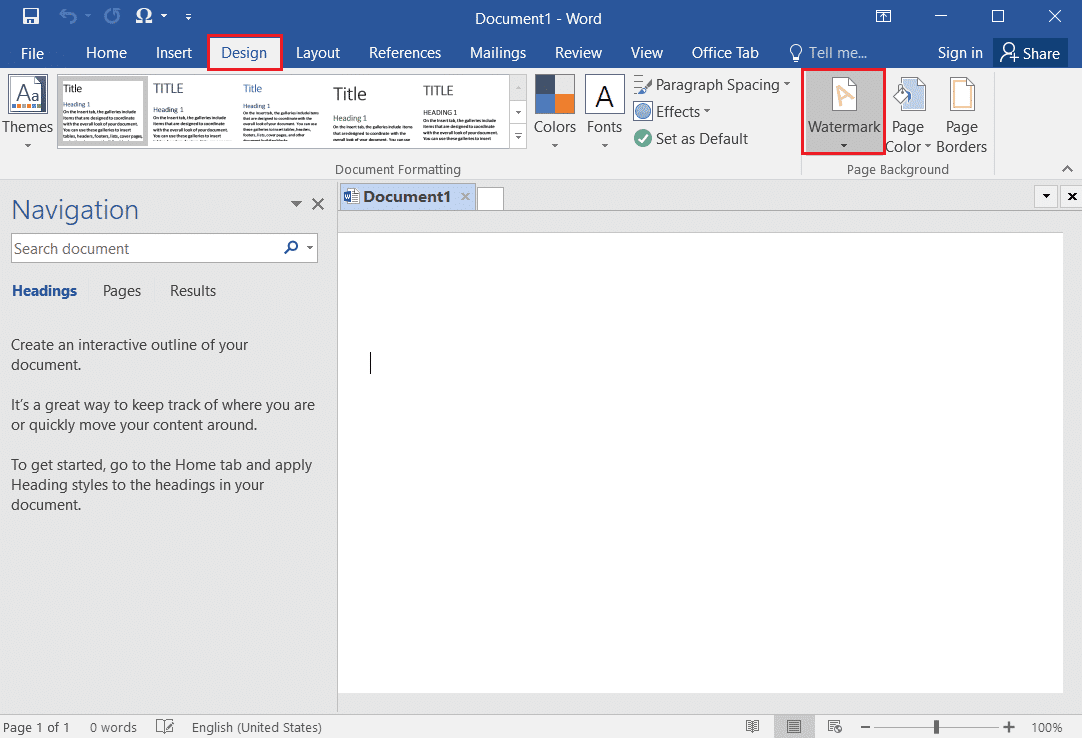 wybierz opcję Znak wodny w zakładce Projekt w MS Word