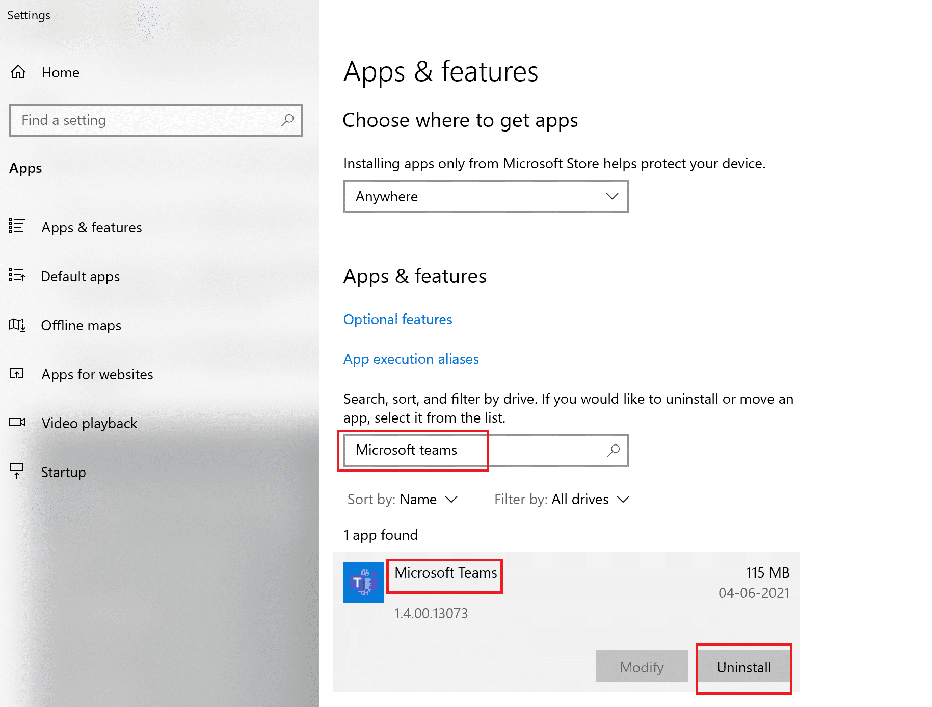 Cliquez sur l'application Teams puis cliquez sur Désinstaller