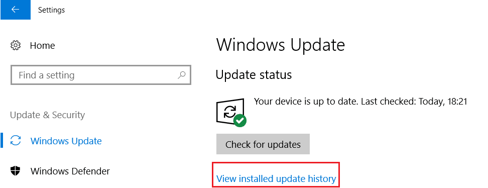 왼쪽에서 Windows Update를 선택하고 설치된 업데이트 기록 보기를 클릭합니다.