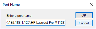 Tapez l'adresse de l'imprimante dans le champ Nom du port de l'imprimante et cliquez sur OK