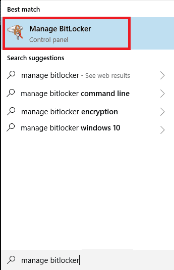 ค้นหา Manage BitLocker ในแถบค้นหาของ Windows  วิธีปิดการใช้งาน BitLocker ใน Windows 10