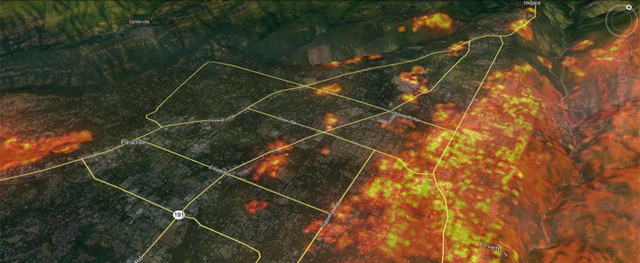 Although the main body of wildfire was massed to the east of Paradise, California, embers created spot fires elsewhere. Graphic: Deer Creek Resources / Google Earth