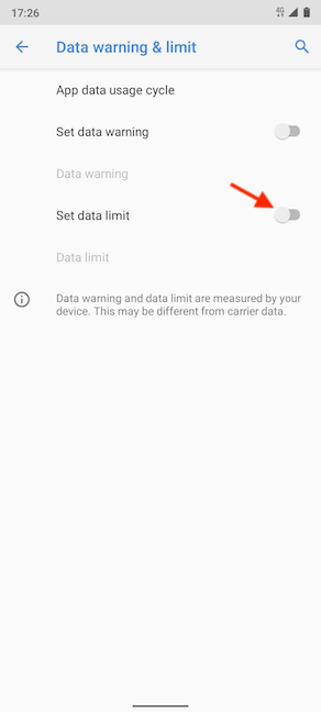 Toque el interruptor para Establecer un límite de datos