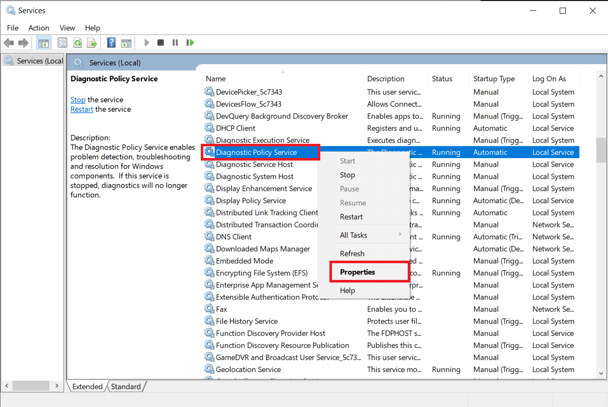 найдите службу политики диагностики, затем щелкните правой кнопкой мыши и выберите «Свойства».
