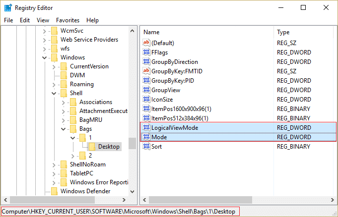 In Desktop nella chiave di registro HKEY CURRENT USER trova LogicalViewMode e Mode