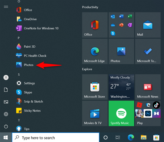 Le raccourci Photos de la liste Toutes les applications du menu Démarrer de Windows 10