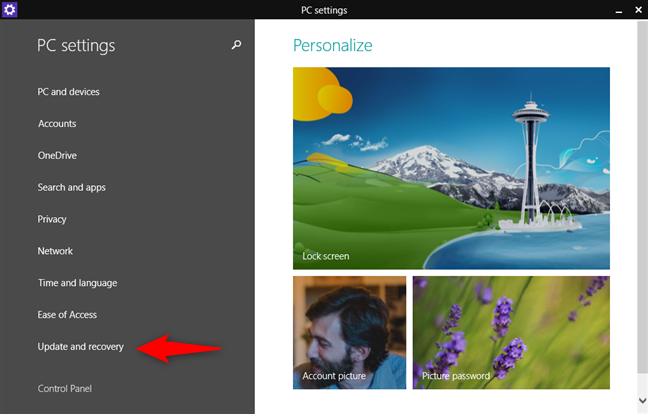 หน้าจอการตั้งค่าพีซีใน Windows 8