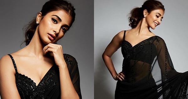 Pooja Hegde stuns in a sheer black shimmery saree with skimpy bralette. Top 10 of Bollywood Hollywood Actresses, movies, photoshoots, music, fun - Spideyposts