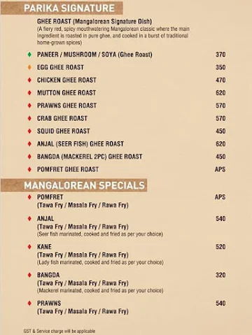 Parika Multicuisine & Coastal Fine Dine menu 