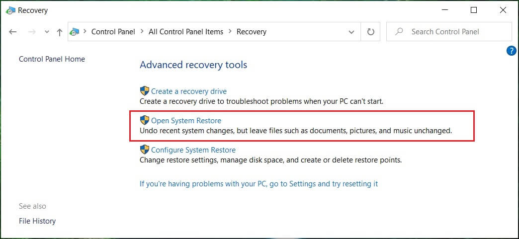 คลิกที่ Open System Restore เพื่อเลิกทำการเปลี่ยนแปลงระบบล่าสุด