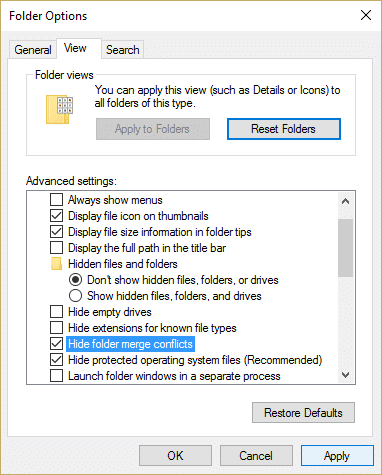 Windows 10에서 폴더 병합 충돌 표시 또는 숨기기